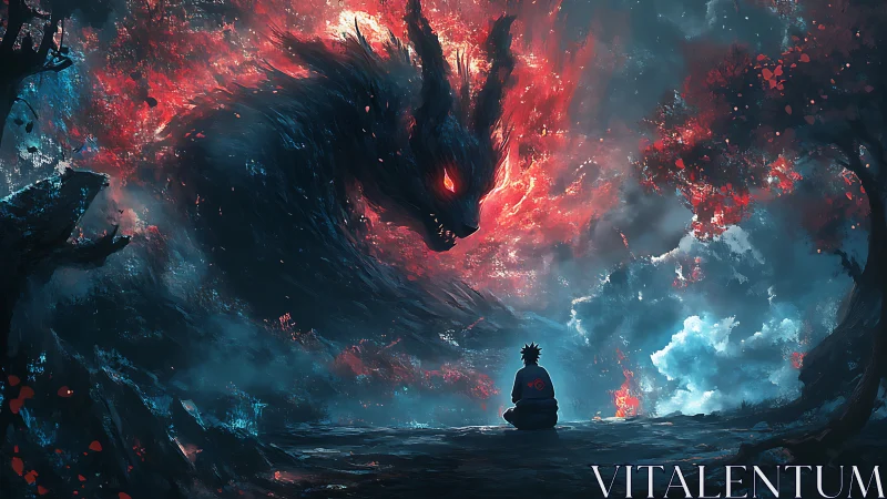 Volumetric chakra beast confronting meditating shinobi avatar.