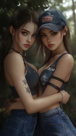 Digital twin girls embrace in forest light portrait.
