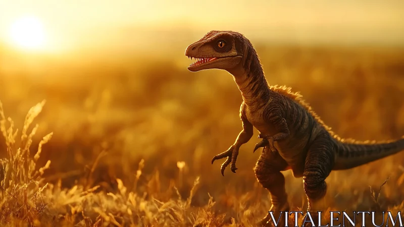 Tiny raptor strides through molten sunset grasslands, grinning