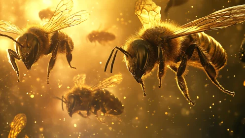 Rendered macro view shows multiple honey bees in flight