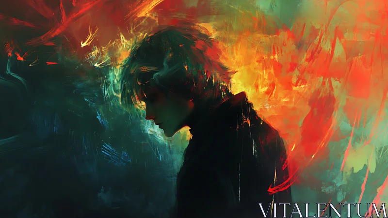 Brooding ember-hearted silhouette adrift in neon stormfire.