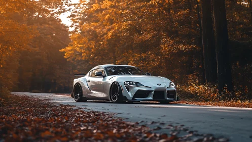 Low-slung white sports coupe contrasts autumn forest with crisp reflections