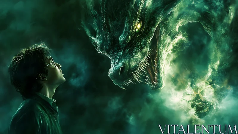 Young robed figure facing large reptilian creature in mist.