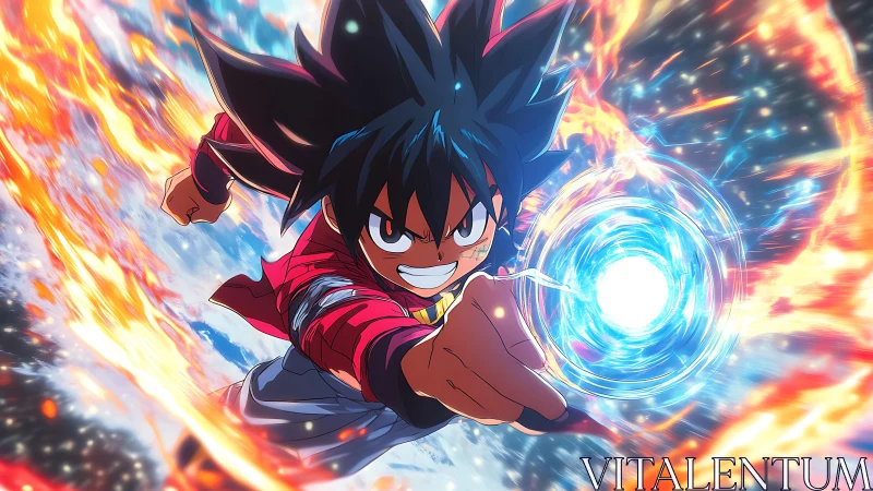 Dynamic shonen hero in flaming energy vortex perspective shot.
