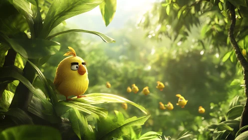 Cheerful Yellow Bird Discovers Forest Magic.