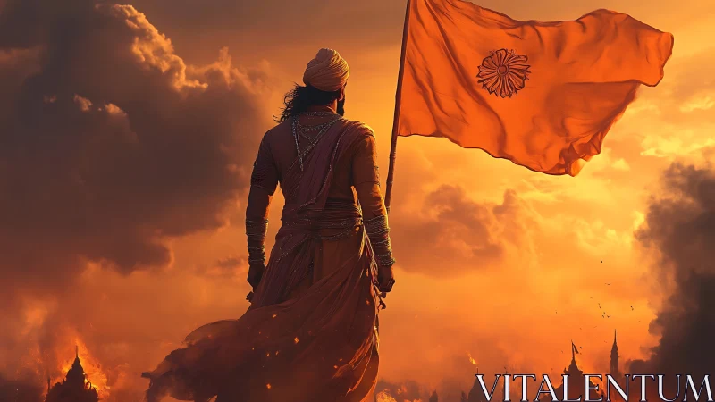 Warrior silhouette raises saffron flag against incendiary sunset