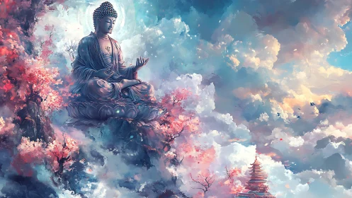 Buddha statue floats above cherry blossoms in vivid clouds