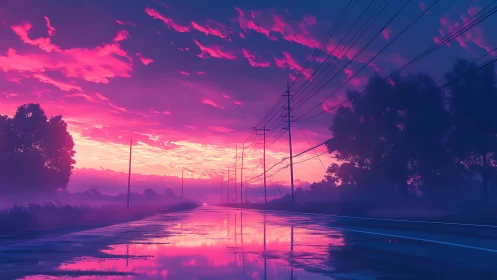 Neon dusk highway mirrored in rainwashed quiet pavement.