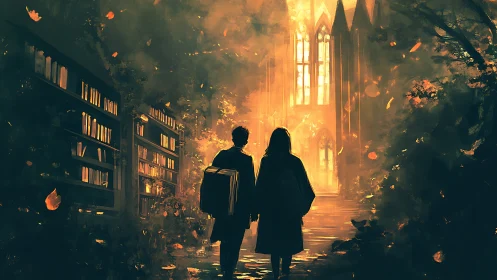Students walk toward a glowing fantasy library cathedral at dusk