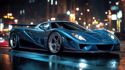 Midnight blue hypercar prowls neon-soaked city streets.