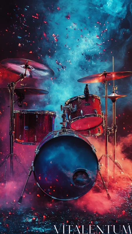 Drum kit in bicolor atmospheric stage smoke and ember sparks