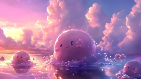 Glowing pastel slime creatures emerge on iridescent sunset sea