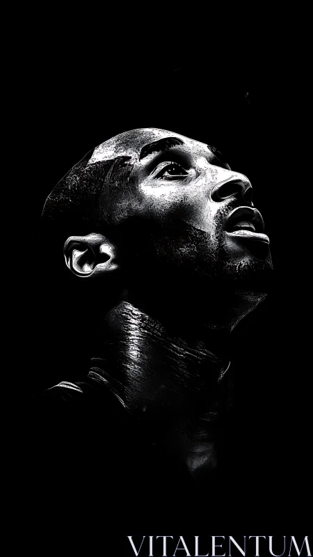 High-contrast monochrome portrait in dramatic chiaroscuro style.