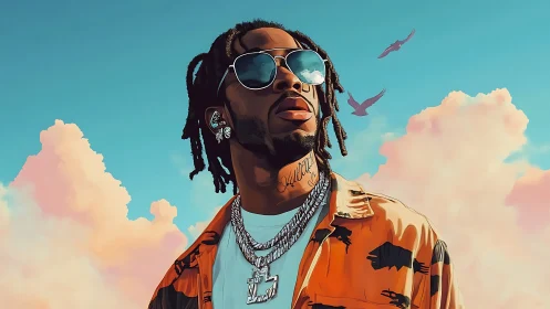 Aerial-lit portrait of jeweled figure against volumetric clouds.