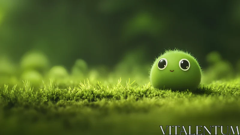 Cute green creature rests on soft mossy meadow at dawn