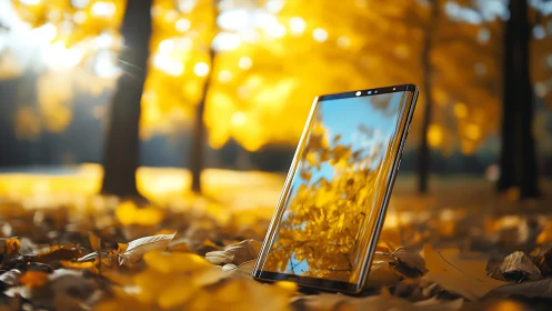 Golden autumn forest reflected in a standing smartphone screen.