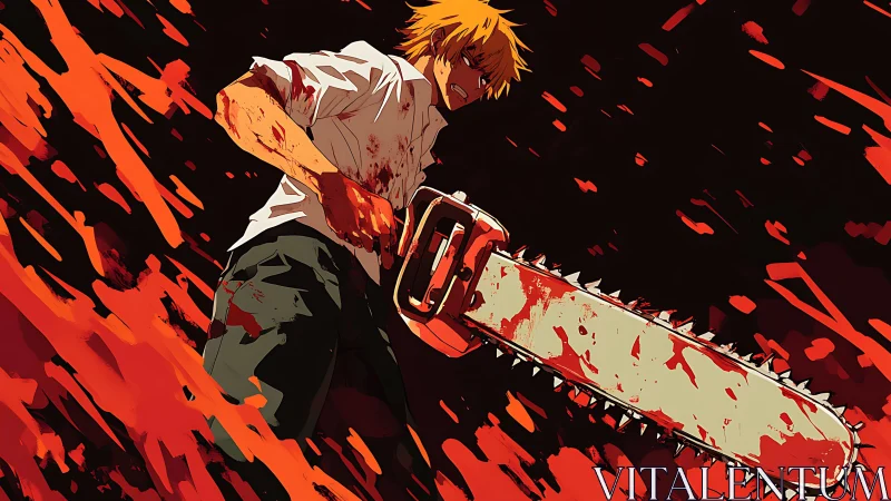 Blood-soaked youth swings massive chainsaw in crimson storm