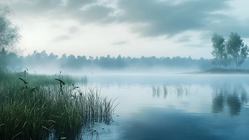 Soft morning mist rests gently over a calm lakeside