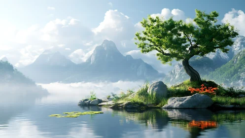 Solitary lakeside tree anchors luminous misty mountain vista