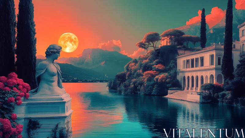 Moonlit lakeside villa glows with dreamy classical charm