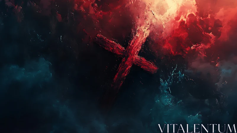 Textured red cross floats in turbulent red and teal atmospheric clouds