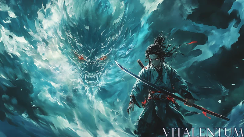 Samurai swordsman commands raging azure spirit dragon.