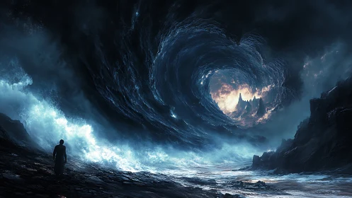 Solitary figure before cosmic storm vortex seascape portal.