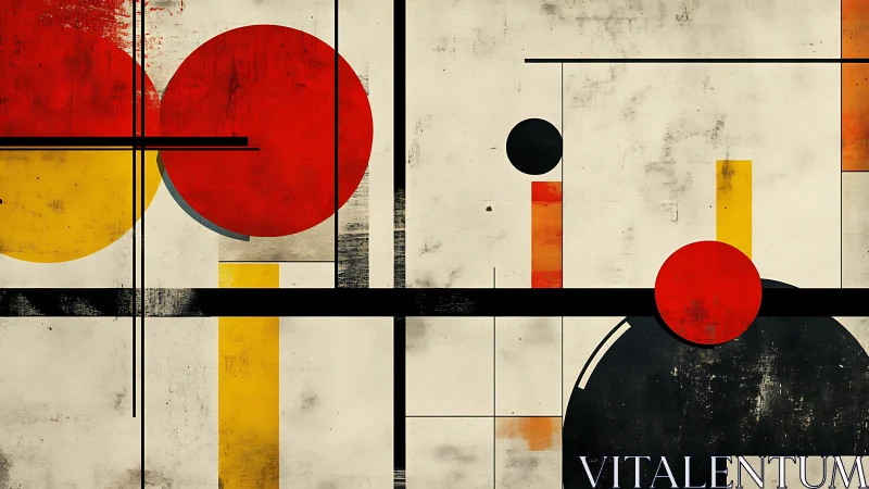 Geometric abstraction balances bold circles and grids.