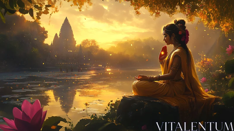 Meditating figure by riverside temple at golden sunset light.