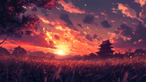 Sunset bathes a quiet pagoda in glowing crimson skies