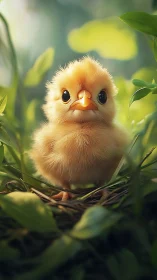 Adorable Little Chick Nestled Among Green Leaves and Warmth