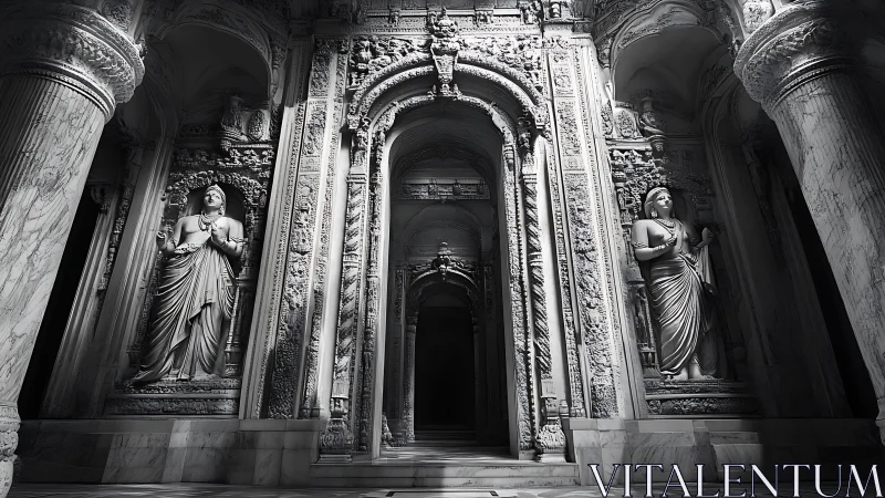 Marble temple corridor with intricate sculpted guardians.