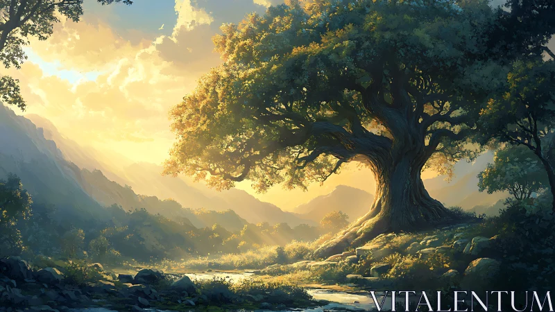 Large solitary tree in sunlit mountain valley landscape.