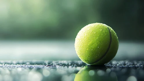 Fresh tennis ball rests on a glossy rain soaked court surface