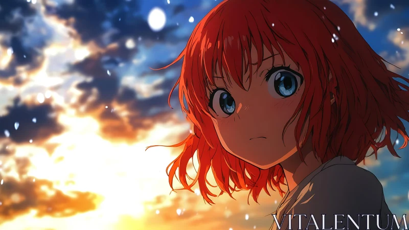 Sunset glow gently surrounds a thoughtful red haired girl