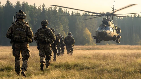 Infantry squad advancing toward low-hovering military helicopter