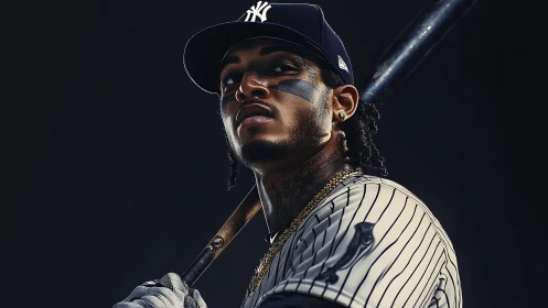 Low key portrait isolates baseball hitter in pinstripe uniform and cap