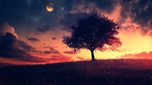 Lone tree silhouettes against a glowing twilight sky