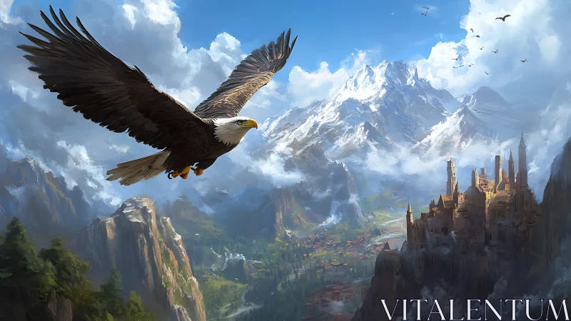 Digital painting of soaring eagle above fantasy mountain citadel.