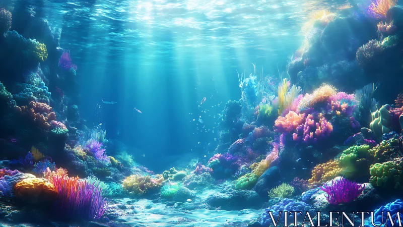 Submerged coral valley under filtered daylight beams.