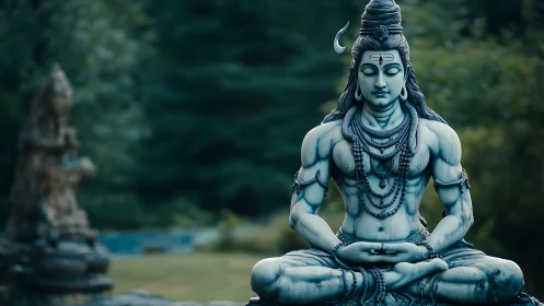 Polychromatic Shiva sculpture in meditative symmetry outdoors.