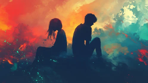 Silhouetted pair seated back to back amid abstract sky field.