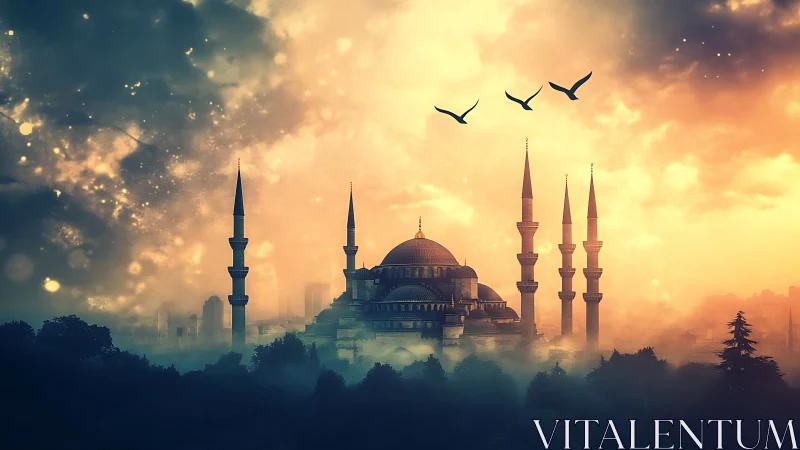 Mystic domed mosque skyline in luminous sunset fog.