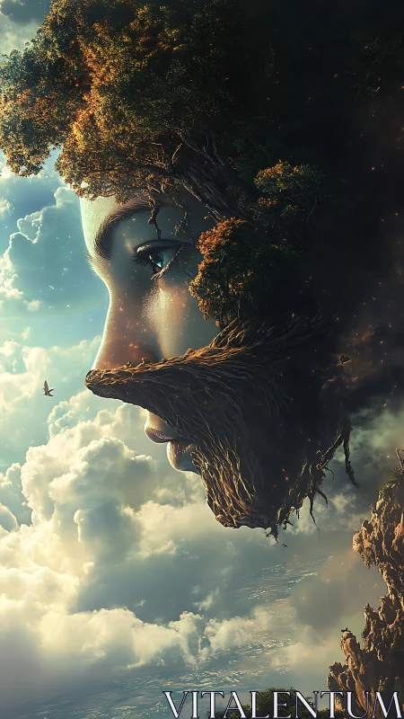 Surreal digital painting of a floating arboreal goddess visage.
