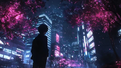 Neon sakura nightscape with lone figure in rainfall.