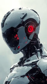 White combat android with red sensor eye scans distant horizon