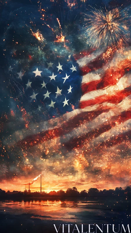 Firelit American flag glows above a vibrant riverside sunset