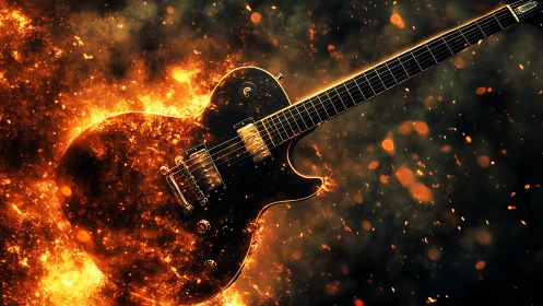 Electric guitar blazes through swirling fire and sparks