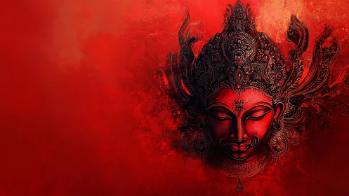 Divine red mask emerges from fiery ornamental shadows.