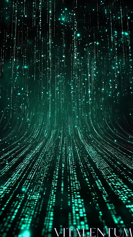 Curved digital data stream with teal particle trails in deep space